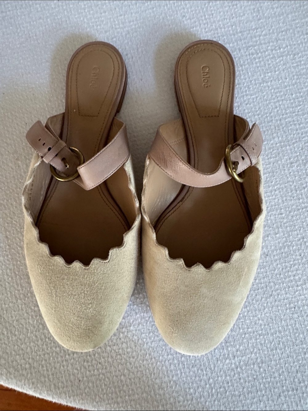 Chloe Beige Suede Scalloped Mules with Pink Leather Strap